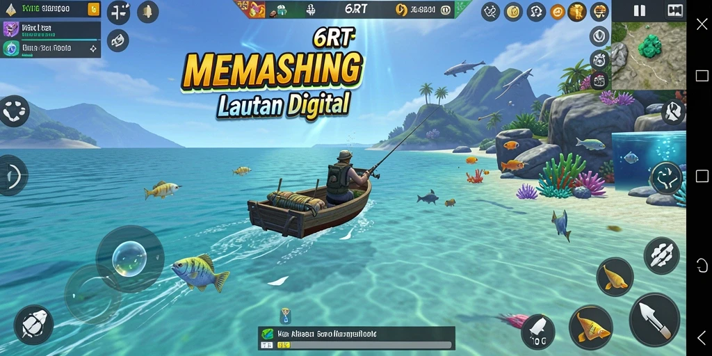 Screenshot gameplay 6RT yang menunjukkan aksi memancing yang seru di laut.