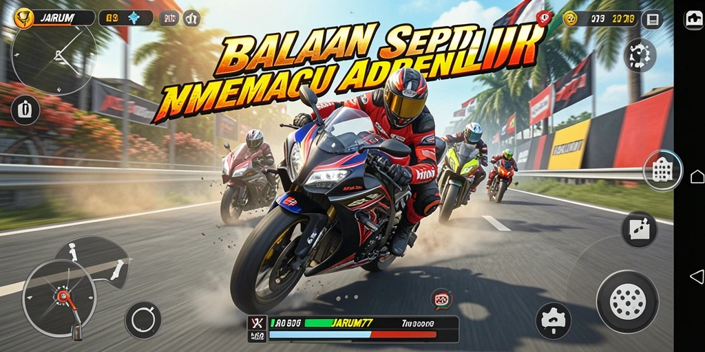 Gameplay seru JARUM77 dengan perlombaan motor yang menegangkan.