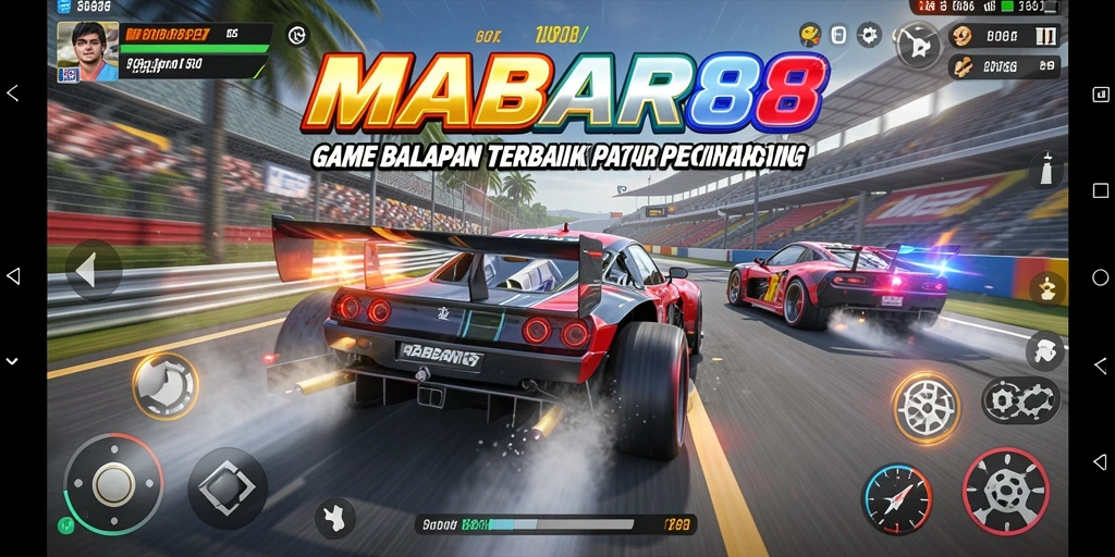 Tampilan utama gameplay MABAR88 saat balapan di lintasan yang menantang.