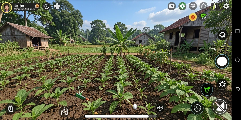 Screenshot gameplay RI188 dengan pemandangan ladang hijau.
