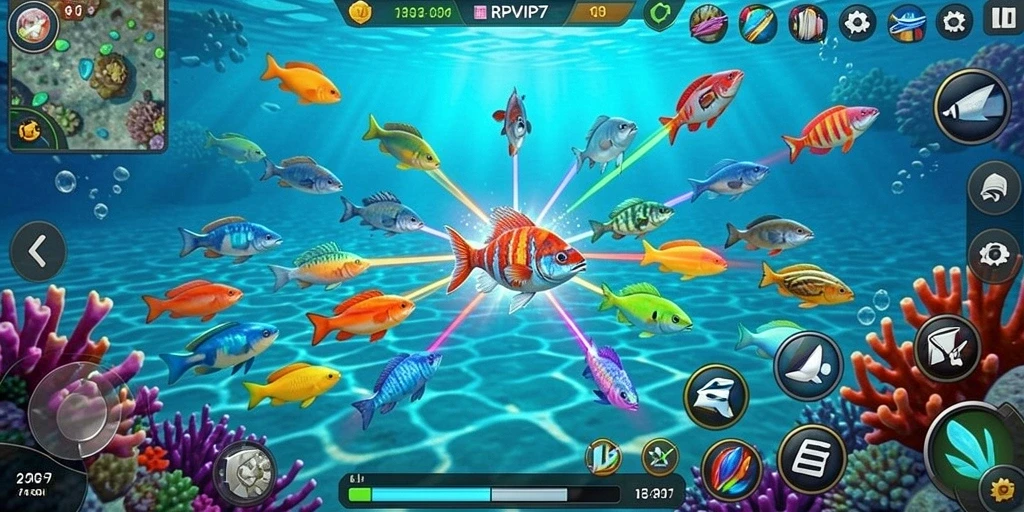 Tampilan screenshot gameplay RPVIP7 yang menampilkan aksi menembak ikan.