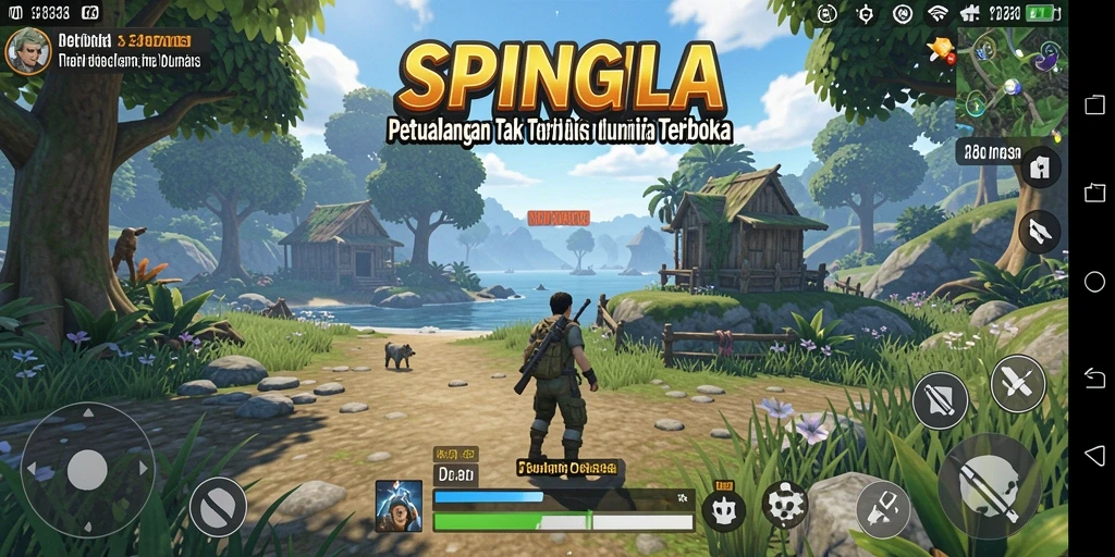 Tangkapan layar gameplay SPINGILA yang menampilkan eksplorasi dunia yang luas dan interaksi antar pemain.