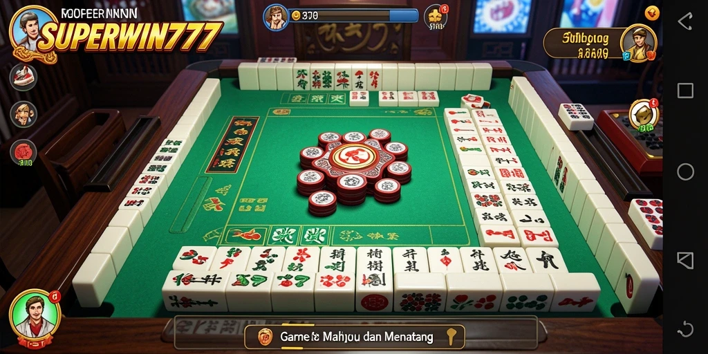 Menampilkan scoreboard dan aksi seru dalam permainan Mahjong SUPERWIN777.