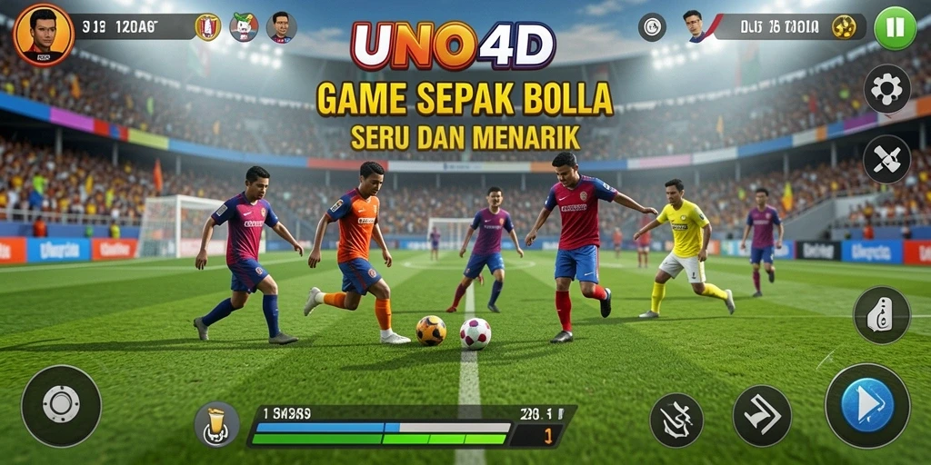 Tampilan gameplay seru dalam UNO4D dengan aksi sepak bola mendebarkan.